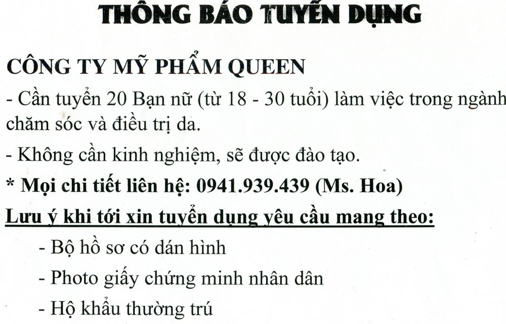 Thông báo tuyển dụng của công ty mỹ phẩm Queen